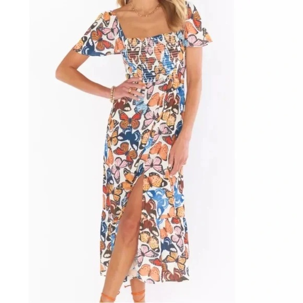 Butterfly Print Smocked Maxi Dress in Multicolor